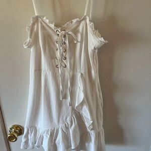 White Lace-Up Ruffle Dress